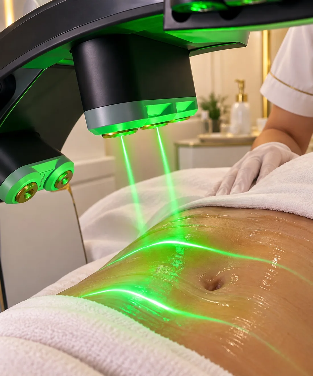 Close-up of the green beams of the 13D MaxLipo laser on the abdomen